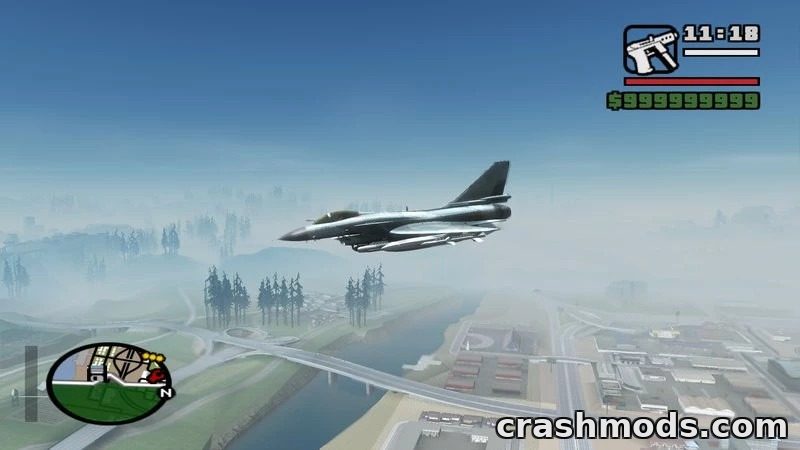 A detailed Chengdu J-10 fighter jet soars above a foggy landscape in GTA San Andreas, showcasing its sleek design.