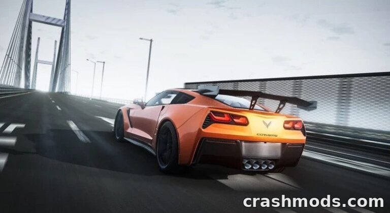 High-detail Chevrolet Corvette C7 Coupe speeding across a bridge in BeamNG.drive, showcasing its sleek design and performance.