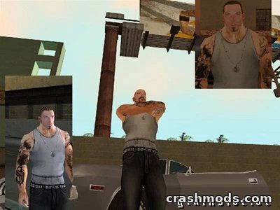 CJ showcases a new white skin and redesigned face in GTA San Andreas, highlighting character customization options.
