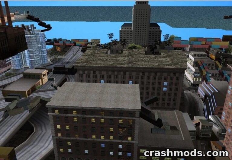 Aerial view of a complex urban landscape in GTA San Andreas, showcasing a challenging parkour map with varied terrain.