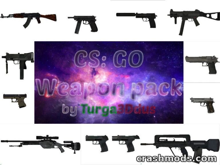 Showcases various high-definition weapons from the CS:GO arsenal, enhanced for GTA San Andreas gameplay.