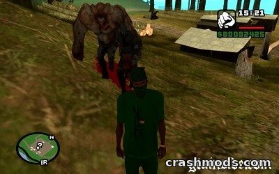 A player character stands in a grassy area while a massive zombie lurks menacingly behind, ready to attack.