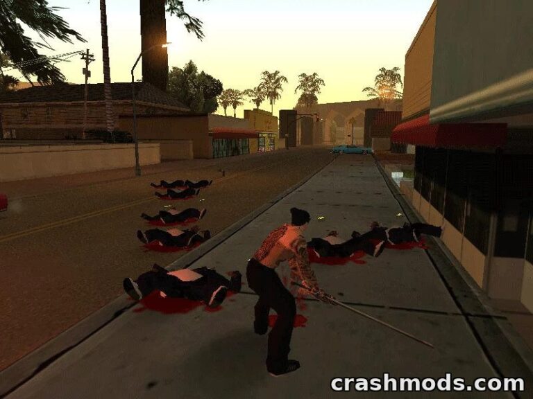 A character wields a katana amidst fallen enemies on a San Andreas street, showcasing the mod's explosive combat impact.