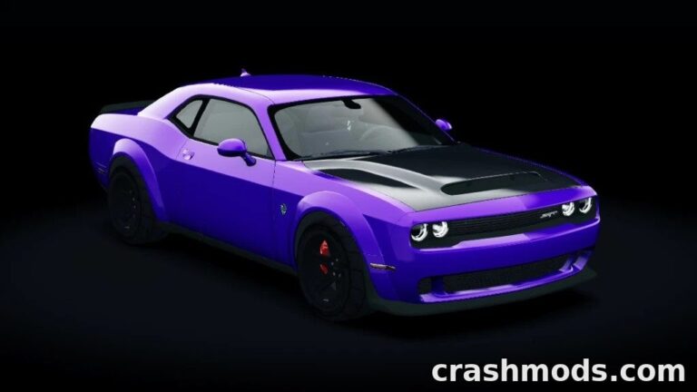 Purple Dodge Challenger SRT Demon with a sleek black hood, showcasing high-performance muscle car design in Assetto Corsa.