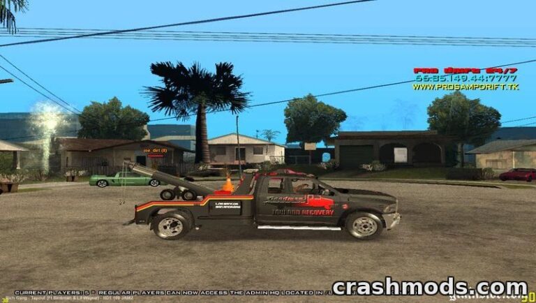 A Dodge Ram tow truck from the "Goodman Tow and Recovery" mod parked in a vibrant GTA San Andreas environment.