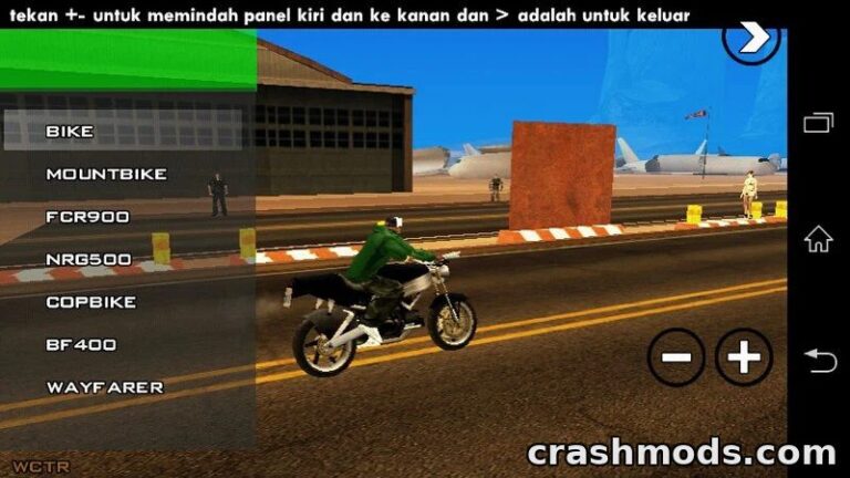 A player selects a motorcycle from the menu while racing on a custom drag track in GTA San Andreas.