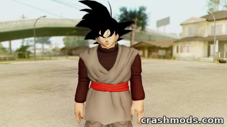 Goku Black stands confidently in a San Andreas street, showcasing his iconic anime character skin from Dragon Ball Xenoverse.