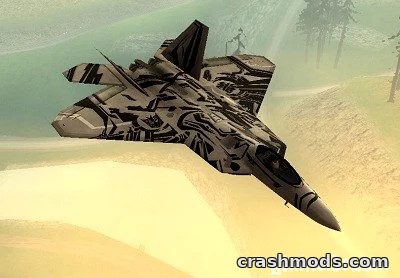 F/A-22 Raptor mod for GTA San Andreas features a sleek, camouflaged fighter jet soaring through a scenic landscape.