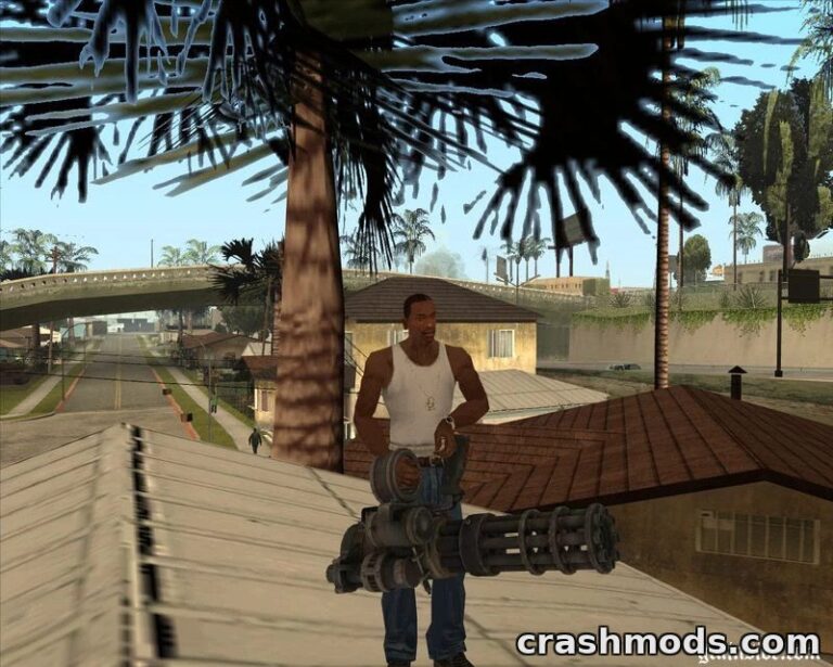 CJ stands on a rooftop in GTA San Andreas, wielding a detailed minigun from Fallout 3.