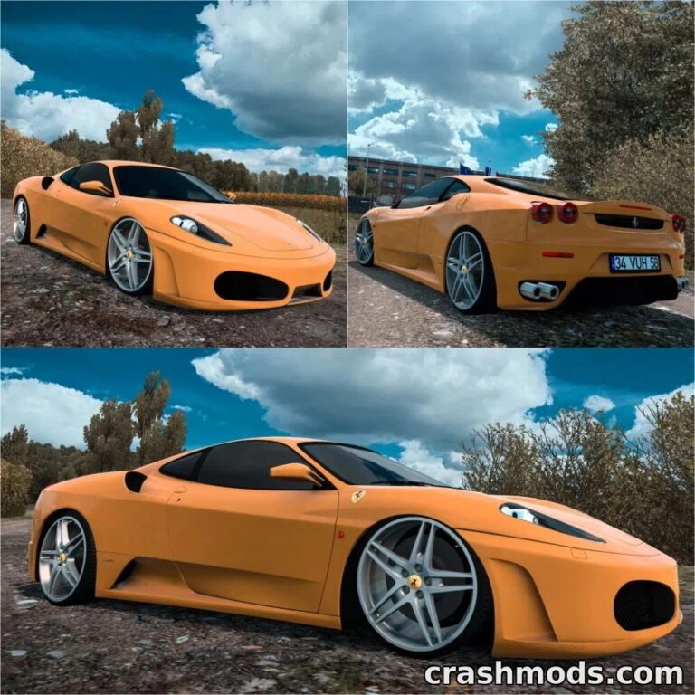 Ferrari F430 sports car mod showcased in American Truck Simulator, featuring sleek design and vibrant orange color.