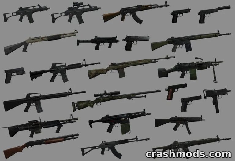 A diverse collection of firearms showcased in the "Firearms Source Weapons Pack" for GTA San Andreas.