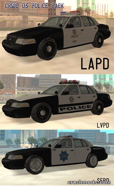 Three police cars from the "Ford Crown Victoria 03 Police Pack" mod for GTA San Andreas, featuring LAPD, LVPD, and SFPD designs.