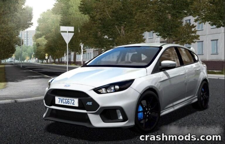 Ford Focus RS 2017 mod showcases a sleek sports hatchback parked on a city street, featuring custom extras.