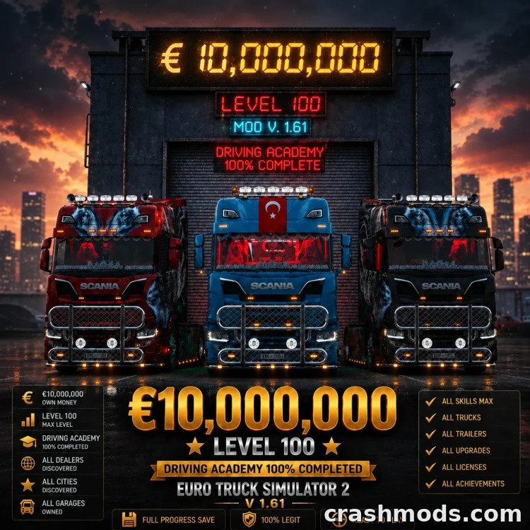 Full Progress Savegame – 10 Million Euros and Level 100 Euro Truck Simulator 2 mod screenshot