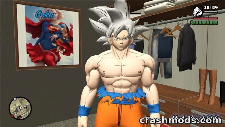 Goku in Mastered Ultra Instinct skin stands confidently in a stylish room, showcasing his iconic look.
