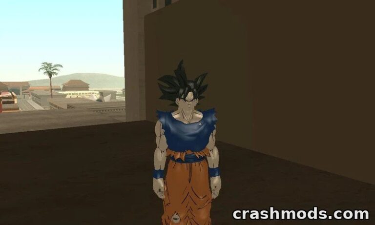 Goku in Ultra Instinct skin stands confidently in a GTA San Andreas environment, showcasing his iconic outfit.