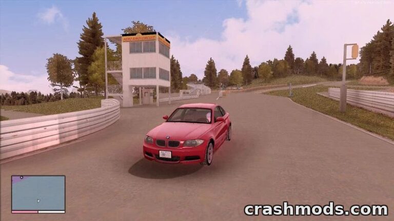 A pink BMW races around the HeroShinoi Circuit track in GTA San Andreas, showcasing the new racing expansion.