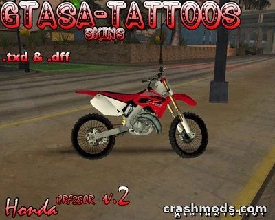 Realistic Honda CRF250R dirt bike model showcased in GTA San Andreas mod, featuring detailed textures and design.