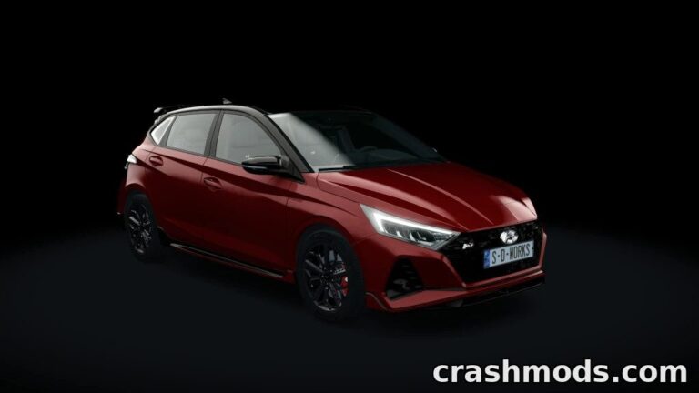 Hyundai i20N showcased in a sleek, dark environment, highlighting its sporty design for realistic racing in Assetto Corsa.