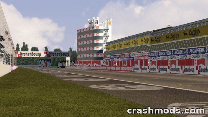 Detailed view of the Imola 1994 GP layout, showcasing the iconic pit buildings and trackside advertisements.