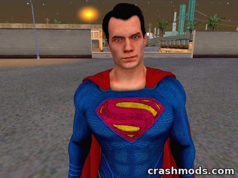 Superman in a detailed BvS skin stands confidently in GTA San Andreas, showcasing his iconic blue suit and red cape.