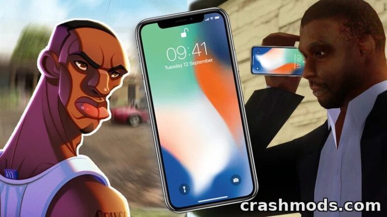 Stylish iPhone X mod for GTA San Andreas, featuring a character admiring the phone's sleek design.