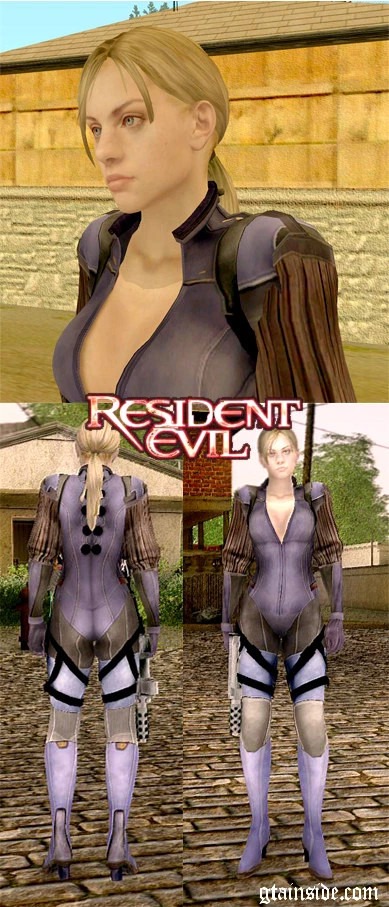 Jill Valentine showcases a detailed battlesuit skin in GTA San Andreas, featuring a sleek design and dual weapons.