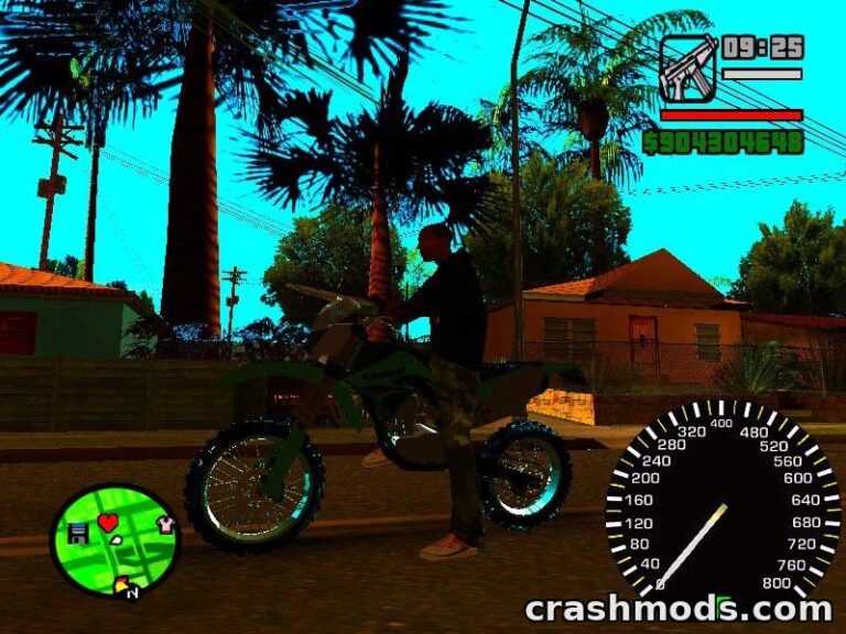 A player rides the Kawasaki KLX 150 SE off-road bike in GTA San Andreas, showcasing vibrant surroundings and detailed graphics.