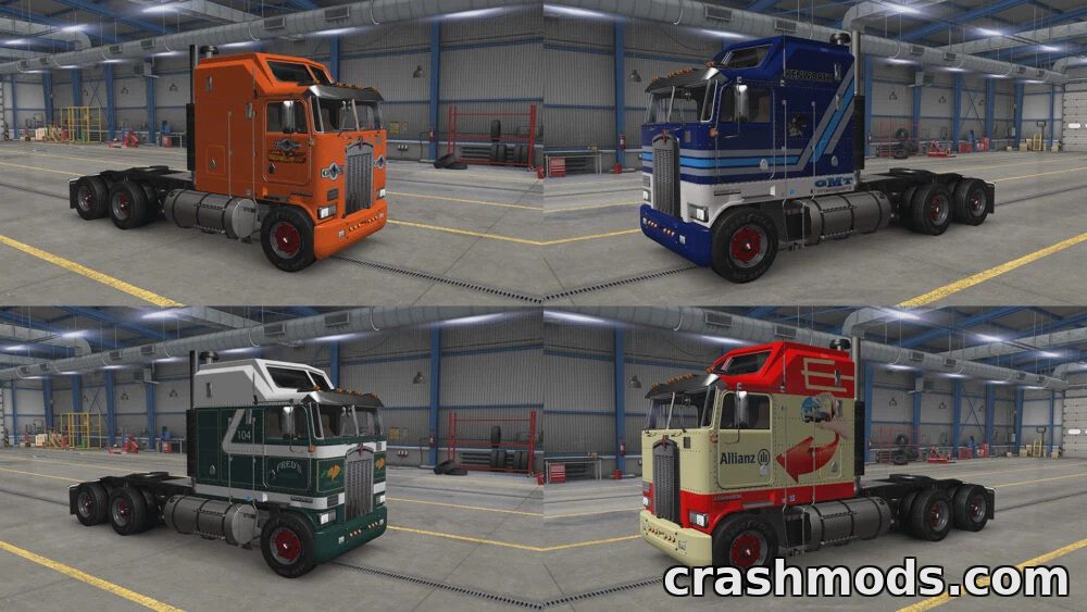 Four Kenworth K100 trucks showcasing vibrant custom paint jobs in a garage setting for American Truck Simulator.