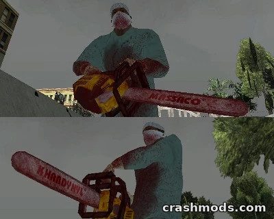 A bloody surgeon character wields a chainsaw in GTA San Andreas, showcasing a unique and gruesome mod.