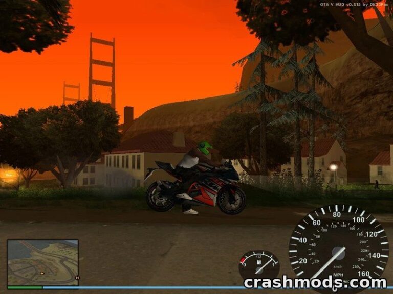 A player rides the KTM RC 390 motorcycle against a vibrant sunset backdrop in GTA San Andreas.