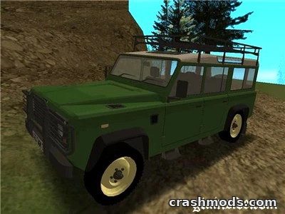 Classic Land Rover Defender mod for GTA San Andreas, showcasing a green off-road SUV in a rugged terrain setting.