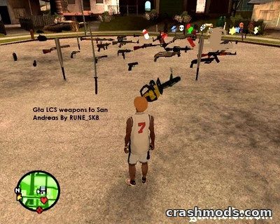 A player stands in a GTA San Andreas environment, surrounded by various weapons from the LCS Weapons Pack mod.