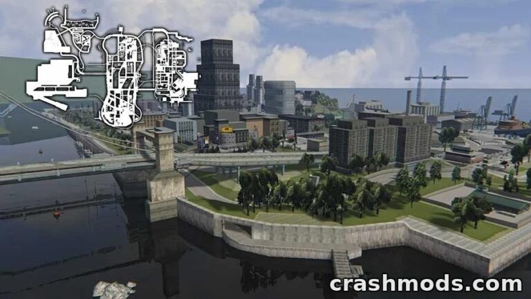 Detailed urban landscape of Liberty City for Assetto Corsa, showcasing multiple layouts and pit locations.