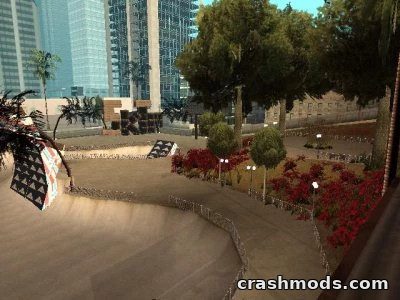 Custom skate park in Los Santos featuring enhanced ramps, vibrant landscaping, and urban scenery for GTA San Andreas.