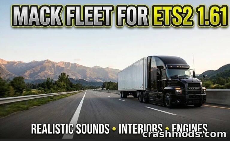 Mack truck with a trailer drives along a scenic highway, showcasing the "Mack Fleet Collection" mod for ETS2.