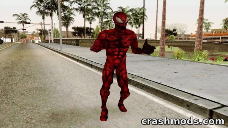 Carnage character skin from Marvel Future Fight stands menacingly on a San Andreas street, showcasing its comic-inspired design.