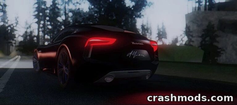 The Maserati Alfieri Concept sports car showcases sleek design and dynamic lighting on a forest road in GTA San Andreas.