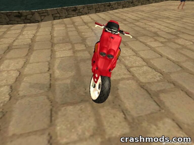 A custom red bike performs a wheelie on a cobblestone path in GTA San Andreas, showcasing the MBK Booster Rocket mod.