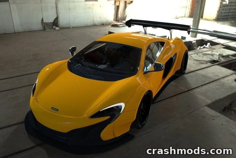 McLaren 650S Coupe Liberty Walk mod showcases a sleek yellow sports car with a prominent rear wing in a garage setting.