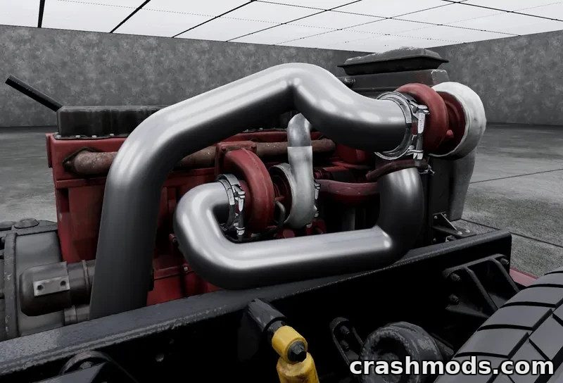Detailed view of a modified engine featuring custom turbo piping from the MD Parts Pack for BeamNG.drive.