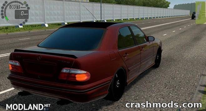 A Mercedes-Benz E55 AMG W210 drives along a highway in City Car Driving, showcasing its sleek design and performance.