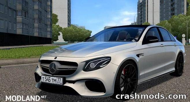 Mercedes-Benz E63S AMG parked on a city street, showcasing its sleek design and luxury features in City Car Driving.
