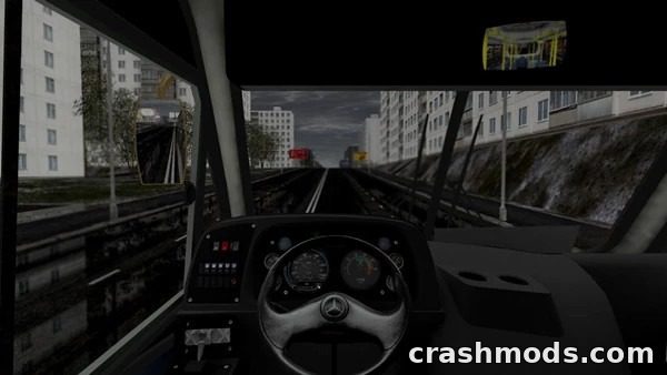 Interior view of the Mercedes-Benz Neobus Thunder LO-915, showcasing the dashboard and urban scenery ahead.