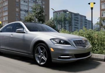 Realistic Mercedes-Benz S-Class W221 parked on a city street, showcasing detailed design and modern urban scenery.