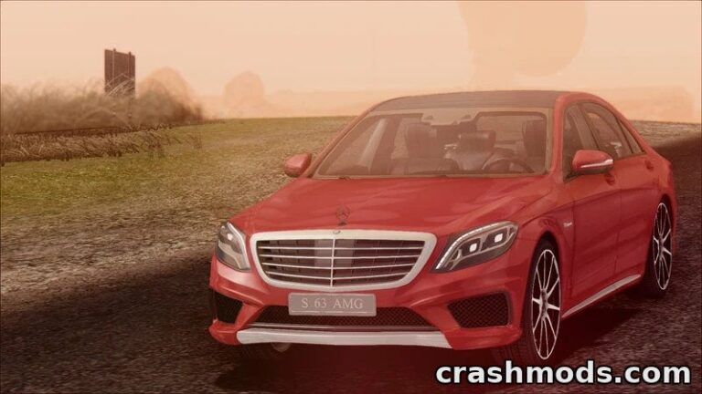 Red Mercedes-Benz S63 AMG W222 parked on a scenic road in GTA San Andreas, showcasing its luxury sports design.