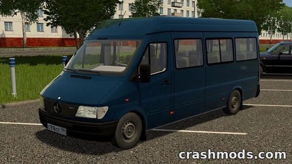 Realistic Mercedes-Benz Sprinter 312D minibus parked in an urban setting, showcasing detailed modding for City Car Driving.