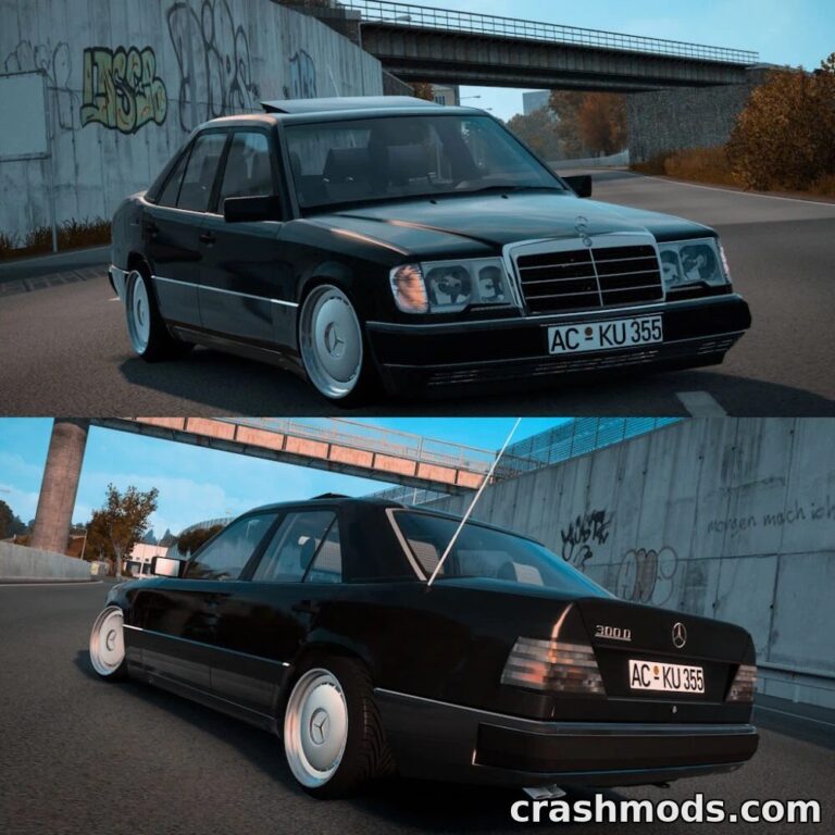 A sleek black Mercedes-Benz W124 300d parked near a graffiti-covered wall in American Truck Simulator.