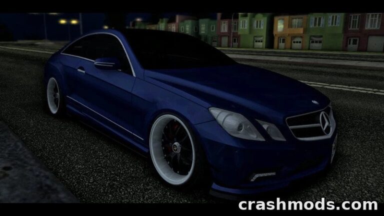 Custom Mercedes-Benz W207 in a sleek blue finish, parked on a nighttime street in GTA San Andreas.