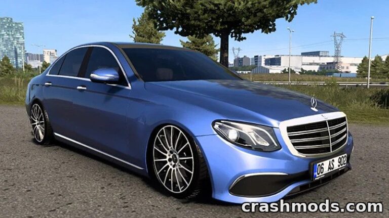 Detailed blue Mercedes Benz W213 Sedan mod for American Truck Simulator, showcasing luxury design and sleek wheels.